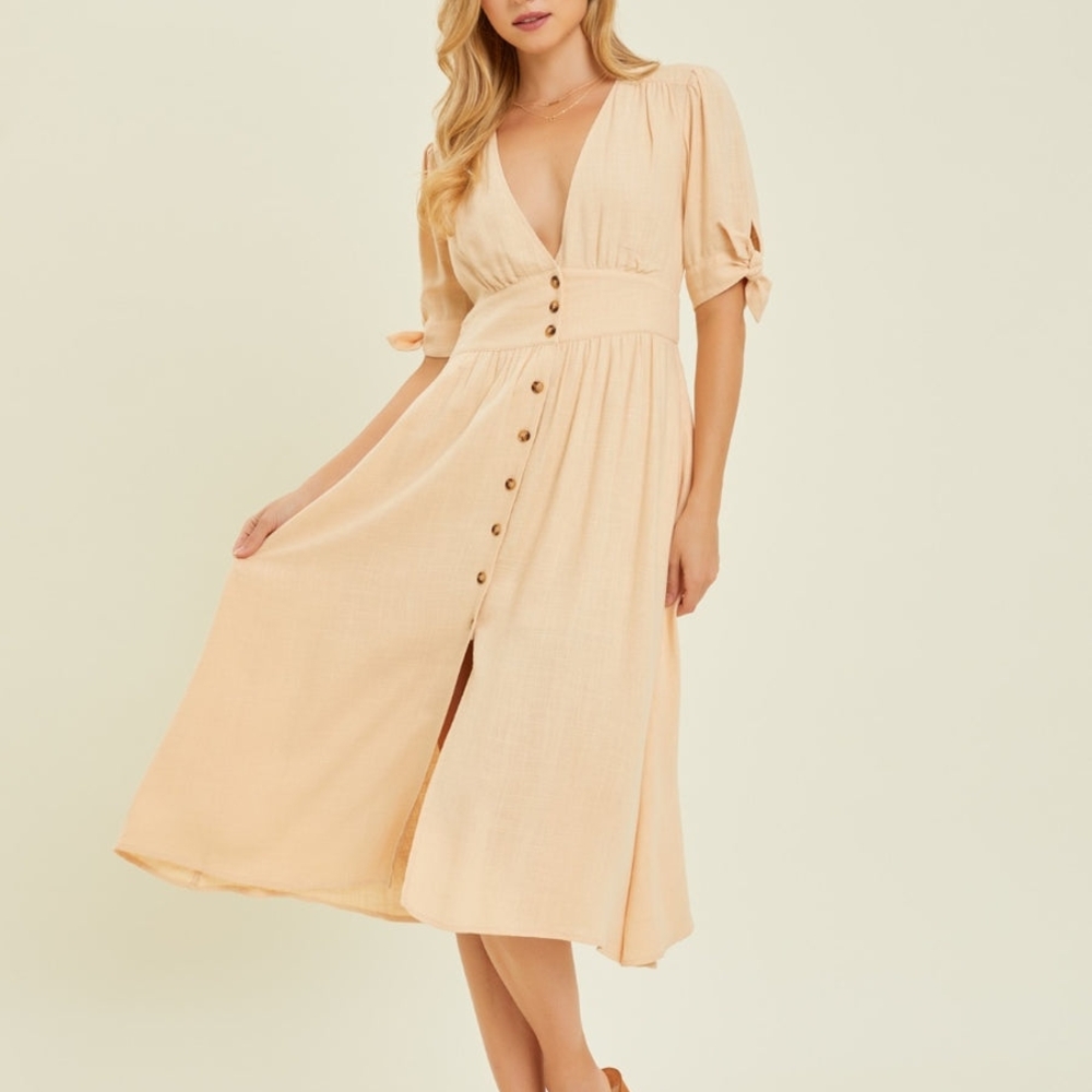 HEYSON Full Size Textured Linen V-Neck Button-Down Midi Dress 1XL